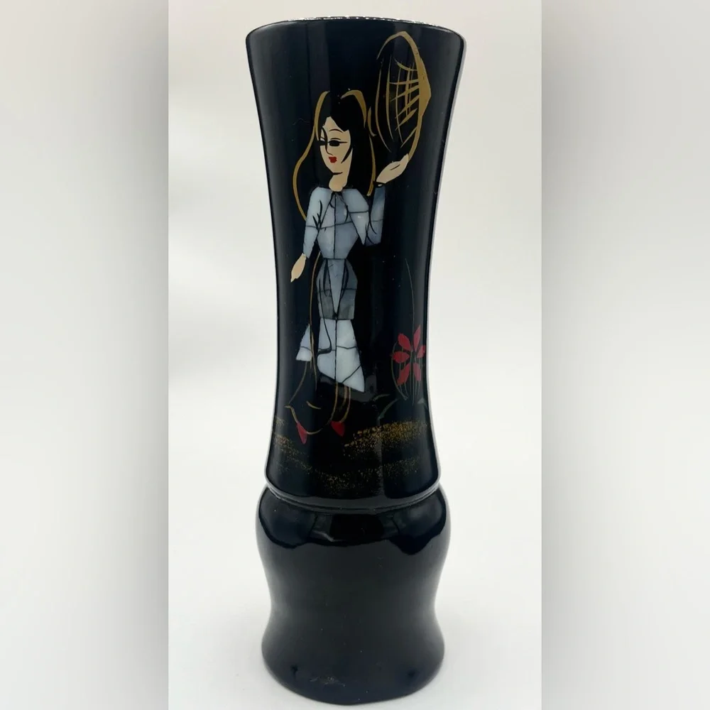 Vintage Vase Black Hand Painted Lacquer‎ Abalone Shell Inlay Fashion Women 7”